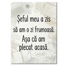 Tablou decorativ cu textul în limba română Șeful meu a zis să am o zi frumoasă. Așa că am plecat acasă., fundal cu schițe de birou.