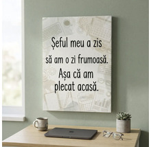 Tablou pe pânză cu citatul Șeful meu a zis să am o zi frumoasă. Așa că am plecat acasă. pe fundal cu ilustrații de birou, într-un spațiu de lucru.