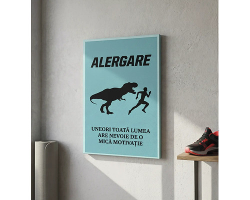 Tablou motivațional pe pânză cu textul Alergare și silueta unui dinozaur care urmărește un alergător.