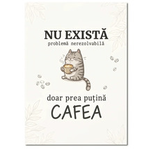 Tablou decorativ cu ilustrație cu o pisică ce ține o cană de cafea și textul Nu există problemă nerezolvabilă doar prea puțină cafea.
