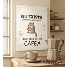 Tablou canvas cu pisică și textul Nu există problemă nerezolvabilă doar prea puțină CAFEA în bucătărie cu cafetieră moka și ceașcă.