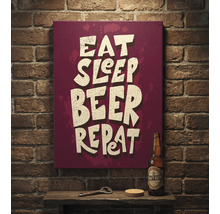 Tablou pe pânză cu textul Eat Sleep Beer Repeat pe perete de cărămidă, sub care se află o poliță cu sticlă de bere și desfăcător.