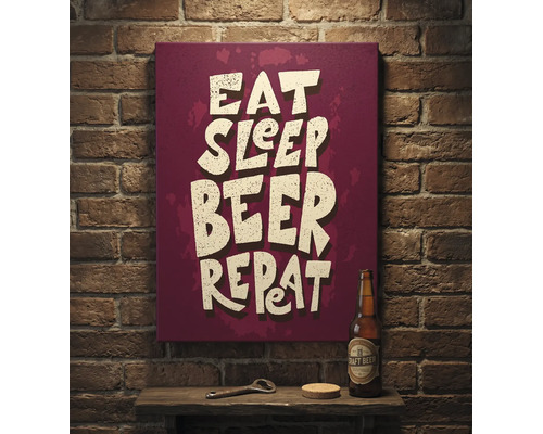 Tablou pe pânză cu textul Eat Sleep Beer Repeat pe perete de cărămidă, sub care se află o poliță cu sticlă de bere și desfăcător.