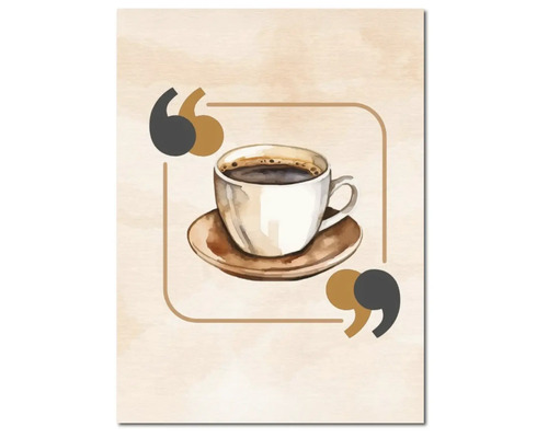Tablou ilustrație ceașcă de cafea pe farfurioară în cadru cu ghilimele pe fundal cu aspect de lemn.