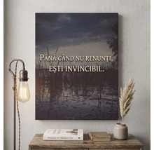 Tablou pe pânză cu citatul Până când nu renunți, ești invincibil pe fundalul unui lac la amurg, decor interior cu lampă și cărți.