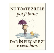 Tablou cu ilustrația unui băiat cu umbrelă și a unei rațe în ploaie, cu text scris în limba română.