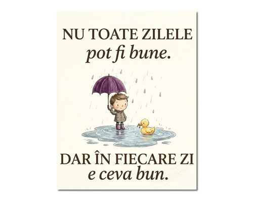 Tablou cu ilustrația unui băiat cu umbrelă și a unei rațe în ploaie, cu text scris în limba română.