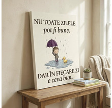 Tablou pe pânză cu ilustrație cu un băiețel în ploaie și mesaj în limba română, așezat pe o masă din lemn lângă o plantă.
