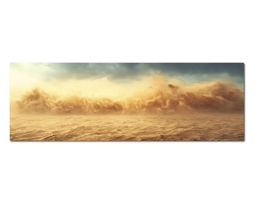 Tablou panoramic deșert cu furtună de nisip și cer dramatic.