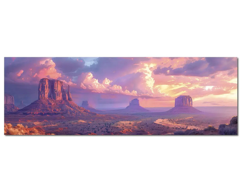 Tablou panoramic Monument Valley la apus, peisaj deșertic cu formațiuni stâncoase proeminente și cer înnorat.