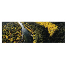 Tablou panoramic cu o vedere aeriană a unui râu care curge printr-o pădure de toamnă cu copaci galbeni și verzi.