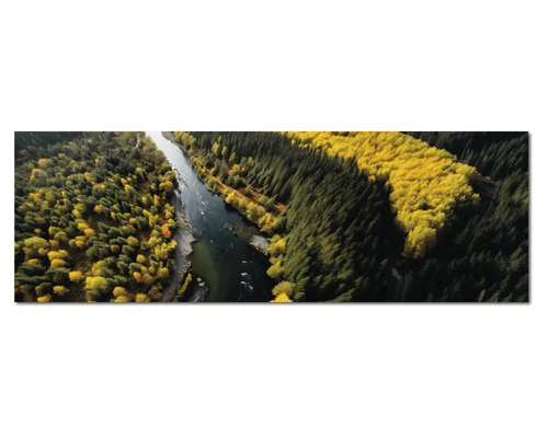 Tablou panoramic cu o vedere aeriană a unui râu care curge printr-o pădure de toamnă cu copaci galbeni și verzi.