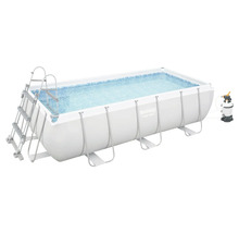 Piscină dreptunghiulară Bestway Power Steel cu cadru, scară de siguranță și pompă de filtrare. Interior cu model mozaic și structură din oțel.