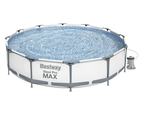 Piscină supraterană rotundă Bestway Steel Pro MAX cu cadru metalic și pompă de filtrare.