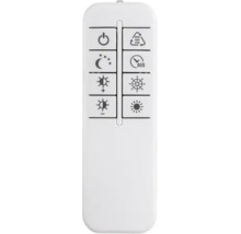 Telecomandă albă pentru lămpi LED cu butoane pentru pornire, oprire, luminozitate, temperatura culorii, lumină de noapte și temporizator 60 secunde.