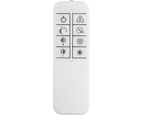 Telecomandă albă pentru lămpi LED cu butoane pentru pornire, oprire, luminozitate, temperatura culorii, lumină de noapte și temporizator 60 secunde.