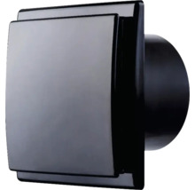 Ventilator de baie negru din plastic cu panou frontal pătrat și racord rotund în partea din spate.