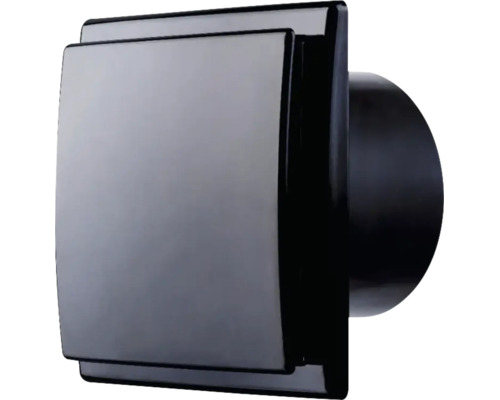 Ventilator de baie negru din plastic cu panou frontal pătrat și racord rotund în partea din spate.