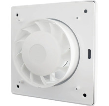 Ventilator pentru încăperi mici din plastic alb, vedere din spate cu rotor și cadru de montare pătrat.