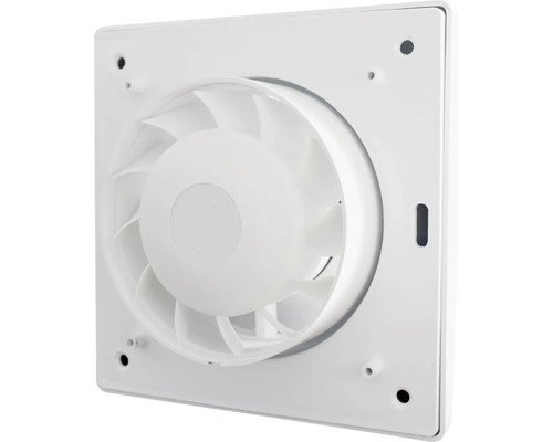 Ventilator pentru încăperi mici din plastic alb, vedere din spate cu rotor și cadru de montare pătrat.