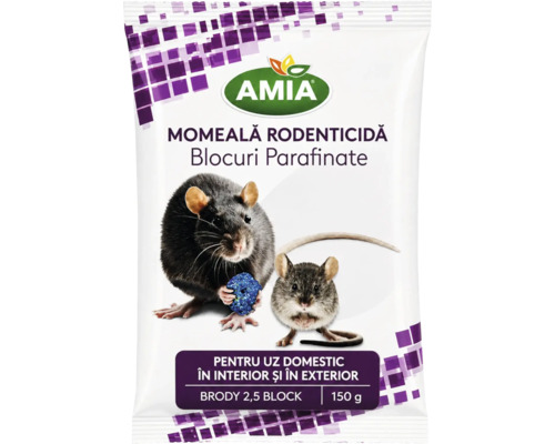 Momeală rodenticidă Amia Blocuri Parafinate Brody 2,5 Block, 150 grame pentru uz domestic interior și exterior contra rozătoarelor.