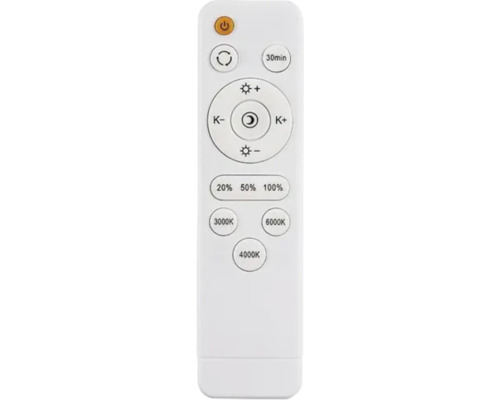 Telecomandă pentru lămpi cu butoane pentru luminozitate, temperatura culorii între 3000 și 6000 Kelvin, temporizator de 30 minute și procente dimare.