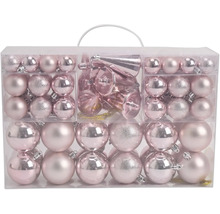 Set de decorațiuni de Crăciun cu globuri și conuri de diferite mărimi, finisaje lucioase, mate și sclipitoare în cutie transparentă cu mâner.