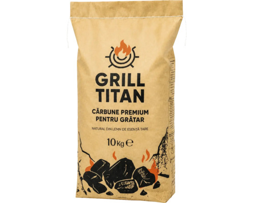Cărbune premium pentru grătar Grill Titan, 10 kilograme, din lemn natural de esență tare în sac de hârtie.