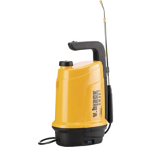 Pulverizator cu acumulator Volpi V.Black Smart cu rezervor galben, mâner negru și lance de pulverizare lungă din metal.