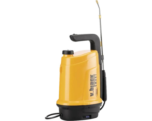 Pulverizator cu acumulator Volpi V.Black Smart cu rezervor galben, mâner negru și lance de pulverizare lungă din metal.