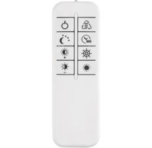 Telecomandă albă pentru controlul luminii LED cu butoane pentru luminozitate, temperatura culorii, temporizator și mod de noapte.