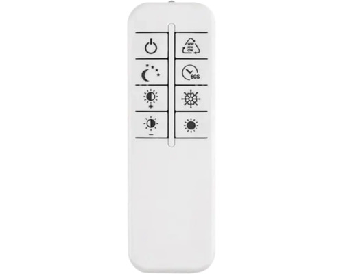 Telecomandă albă pentru controlul luminii LED cu butoane pentru luminozitate, temperatura culorii, temporizator și mod de noapte.