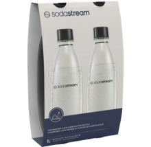 Set 2 sticle de rezervă SodaStream, 1 litru, rezistente la mașina de spălat vase, fără BPA, sticle din plastic cu capac negru.