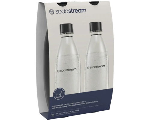Set 2 sticle de rezervă SodaStream, 1 litru, rezistente la mașina de spălat vase, fără BPA, sticle din plastic cu capac negru.