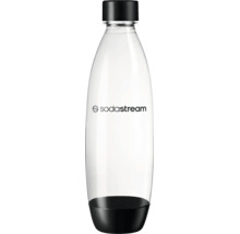 Sticlă din plastic transparentă pentru aparat de făcut sifon cu capac și bază negre și SodaStream Logo.