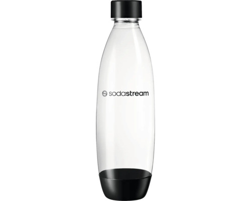 Sticlă din plastic transparentă pentru aparat de făcut sifon cu capac și bază negre și SodaStream Logo.
