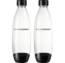 Două sticle din plastic transparente cu SodaStream Logo, capac și bază negre.