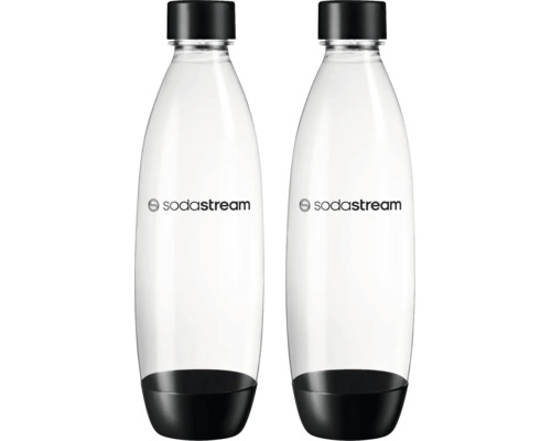 Două sticle din plastic transparente cu SodaStream Logo, capac și bază negre.