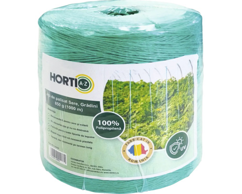 Sfoară verde de palisat HORTI A-Z pentru sere și grădini, 850 grame, 1000 metri, din 100 la sută polipropilenă, rezistentă la raze ultraviolete.