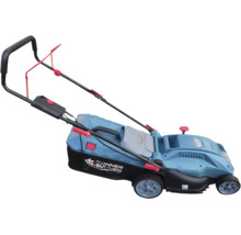 Mașină de tuns iarba electrică Könner & Söhnen cu carcasă albastră și coș colector negru.