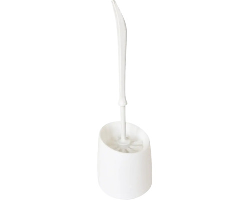 Perie de toaletă cu suport din plastic alb și mâner cu formă ergonomică.