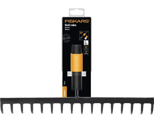 Greblă pentru sol Fiskars QuikFit cu 16 dinți și o lățime de 40 centimetri pentru lucrări în grădină.
