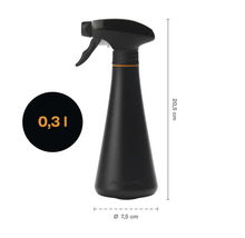 Pulverizator Fiskars cu o capacitate de 0,3 litri, înălțime de 20,5 centimetri și diametru de 7,5 centimetri.