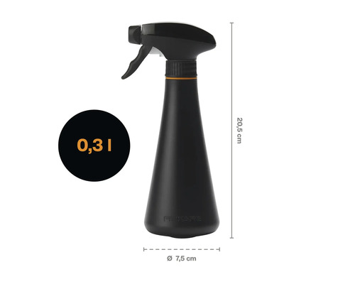 Pulverizator Fiskars cu o capacitate de 0,3 litri, înălțime de 20,5 centimetri și diametru de 7,5 centimetri.