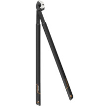 Foarfecă de crengi Fiskars tip bypass cu mânere negre și lamă metalică curbată.