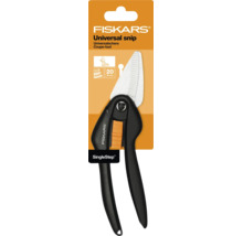 Foarfecă universală Fiskars SingleStep cu lamă zimțată și mânere din plastic negru pentru materiale cu diametrul de până la 20 milimetri.