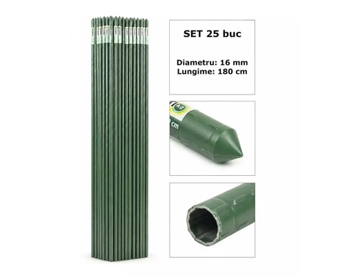 Set 25 bucăți araci, diametru 16 milimetri, lungime 180 centimetri, înveliș de plastic, cu vârf.