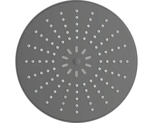 Cap de duș rotund tip ploaie cu numeroase duze de apă dispuse radial.