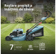 Mașină de tuns gazonul pe benzină Könner und Söhnen pe gazon cu reglare a înălțimii de tăiere în 7 trepte, de la 25 la 75 milimetri.