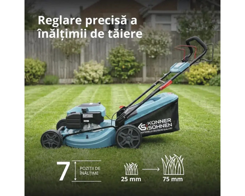 Mașină de tuns gazonul pe benzină Könner und Söhnen pe gazon cu reglare a înălțimii de tăiere în 7 trepte, de la 25 la 75 milimetri.